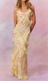 Brocha Ethereal Yellow Floral Ruffle Maxi Dress