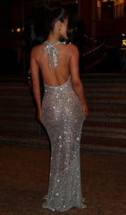 Brennen Dazzling Silver Sequin Halter Backless Maxi Gown
