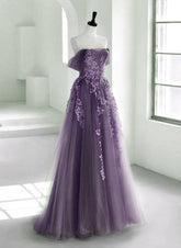A-line Purple Tulle with Lace Formal Dress