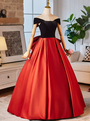 Vestido de fiesta de satén con hombros descubiertos en rojo y negro