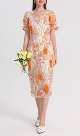 FUJIYE Elegant Floral Embroidery V-Neck Midi Dress