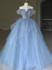 Blue Sweetheart Tulle Off Shoulder Party Dress