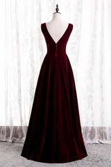 Wine Red Velvet V-neckline Simple Long Party Dress