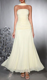 Hajar Elegant Strapless Ruched Mesh Maxi Dress