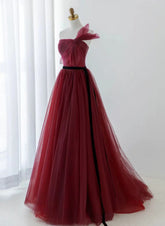 Vestido de fiesta formal de tul rojo vino con corte A