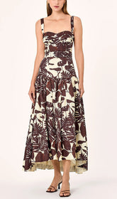 Chic Tropical Leaf Print Strappy Belted Midi Dress