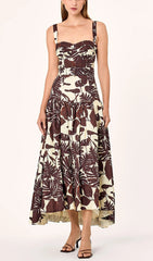 Chic Tropical Leaf Print Strappy Belted Midi Dress