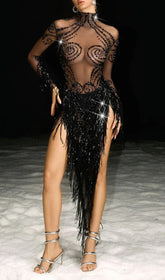 Nathari Dazzling Rhinestone Fringe Illusion Mini Dress