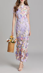 Elegant Lavender Floral Appliqu Mesh Midi Dress