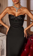 Sultry Black Strapless Corset Bandage Maxi Dress with Side Cutouts