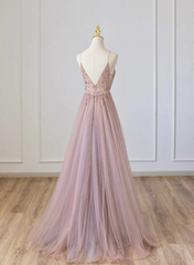 Vestido de fiesta rosa con escote en V, tirantes con cuentas y largo hasta el suelo