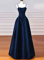 Simple Navy Blue Satin Straps Long Prom Dress