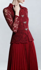 Elegant Ruby Red Lace & Pleated Midi Dress