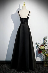 A-line Black Satin Straps Long Formal Dress