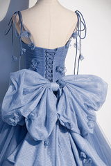 Blue Spaghetti Strap Tulle with Flowers Long Formal Dress