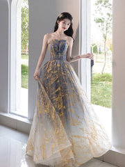 A-line Blue Gradient Tulle Scoop Long Party Dress