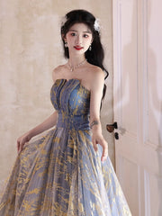 A-line Blue Gradient Tulle Scoop Long Party Dress