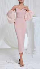 Cyane Blush Pink Off-Shoulder Corset Midi Dress with Puff Sleeves