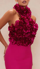 Vibrant Hot Pink Floral Halter Midi Dress
