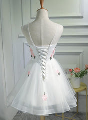 Lovely White Short Party Dress with Flowers