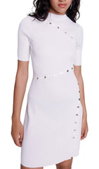 Rellier Women's Chic Ribbed Knit Mock Neck Mini Dress with Asymmetrical Clover Buttons