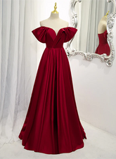Wine Red Satin A-line Floor Length Party Dresses