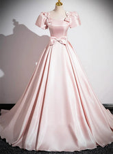 Vestido de fiesta rosa de satén largo con mangas cortas