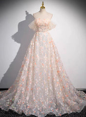 Vestido formal de encaje con flores y hombros descubiertos en forma de A