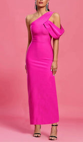 Glamorous Hot Pink One-Shoulder Maxi Dress with Asymmetrical Hem