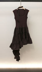 Chic Huong Brown Asymmetrical Tiered Knit Midi Dress