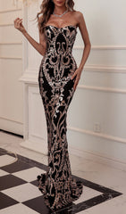 Carolena Elegant Black & Gold Strapless Sequin Mermaid Maxi Gown