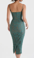 Elegant Forest Green Lace Corset Midi Dress