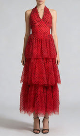 Janika Red Polka Dot Halter Tiered Maxi Dress