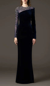Hyalina Dazzling Velvet & Crystal Mesh Evening Gown