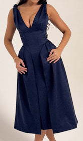 Dilanne Elegant Navy V-Neck Midi Dress
