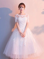 White Tulle Short Sleeves Tea Length Wedding Party Dress