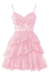 Vestido de fiesta con escote en forma de corazón de tul rosa y apliques de encaje
