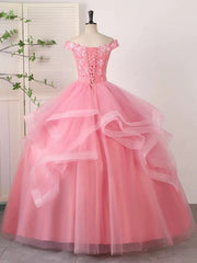 Vestido de fiesta de tul rosa con apliques de encaje