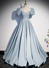 Blue Satin Long Prom Dress with Pearls