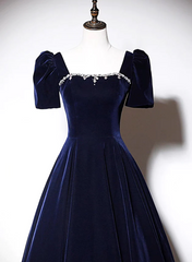 Vestido de noche largo de terciopelo azul marino de corte A
