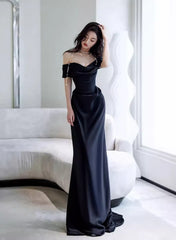 Black Off Shoulder Soft Satin Floor Length Party Dress