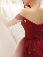 Glam Wine Red Sweetheart Tulle Shiny Long Prom Dress Party Dress