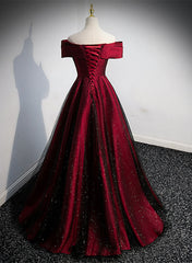 Black and Red Satin Off Shoulder Long Junior Prom Dress