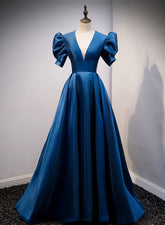 Blue Satin Long Prom Dress with Short Sleeves