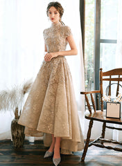 Champagne Lace High Low Short Sleeves Prom Dress