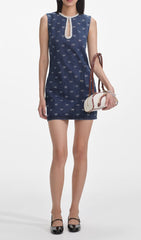 Chic Diamant Bow Denim Mini Dress with Pearl Trim