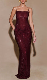 Itziar Dazzling Red Diamante Ruched Maxi Gown