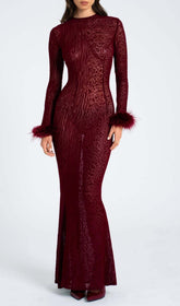 Cascata Glamorous Wine Velvet Mesh Feather Maxi Dress with Cuffs
