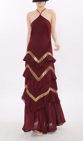 Jia Wine Red Halter Maxi Dress with Golden Chevron Ruffles