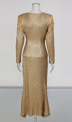 Iyeshia Liquid Gold Long Sleeve Maxi Dress with Metallic Fringe Shoulders & High Slit
